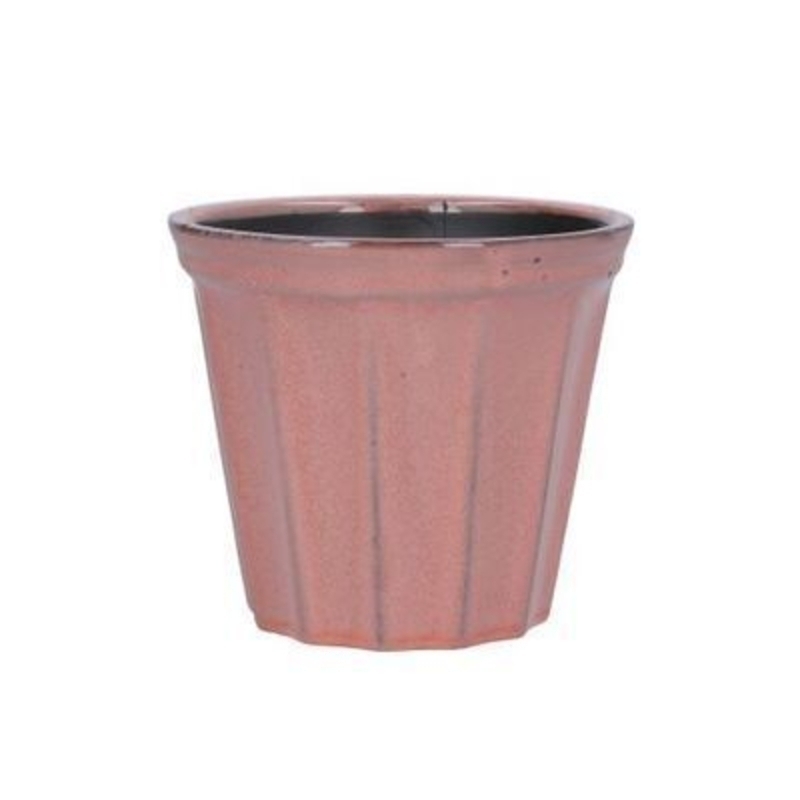 Ceramic ribbed pot cover in coral. The perfect addition to your home or garden for spring. By Gisela Graham.